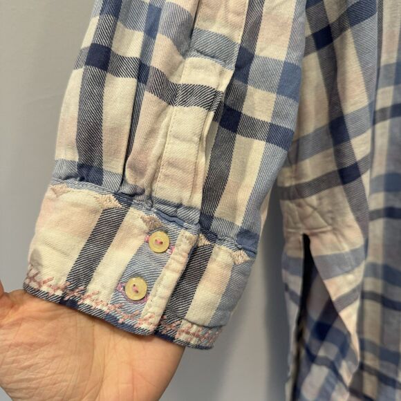 Johnny Was Top Button Up Floral Embroidered Boho Plaid Shirt Women sz Large - Picture 8 of 11